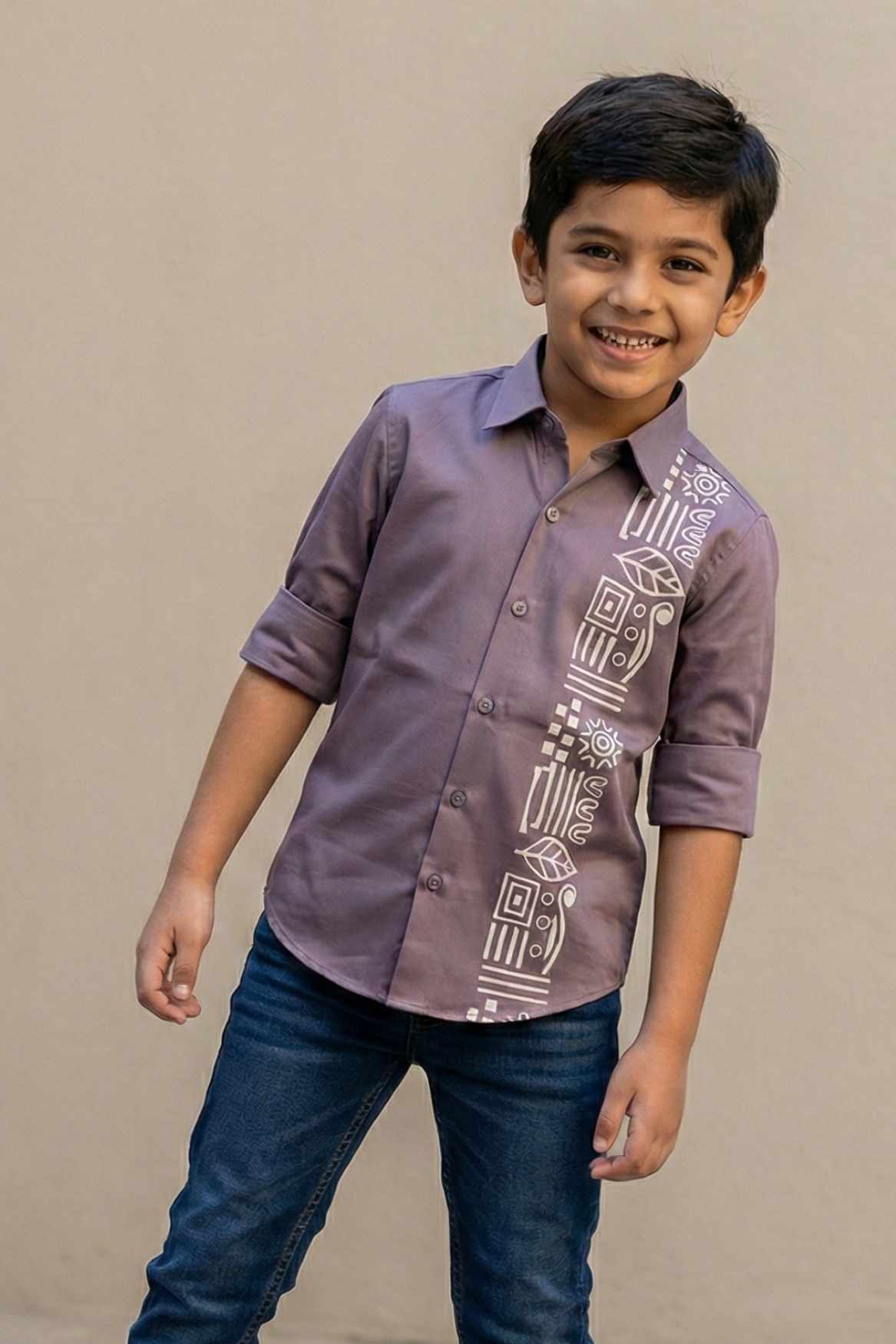 Mauve Cotton Shirt with Tribal Stripe Design for Boys