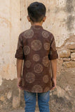 Brown Circular Print Shirt with Mandarin Collar for Boys