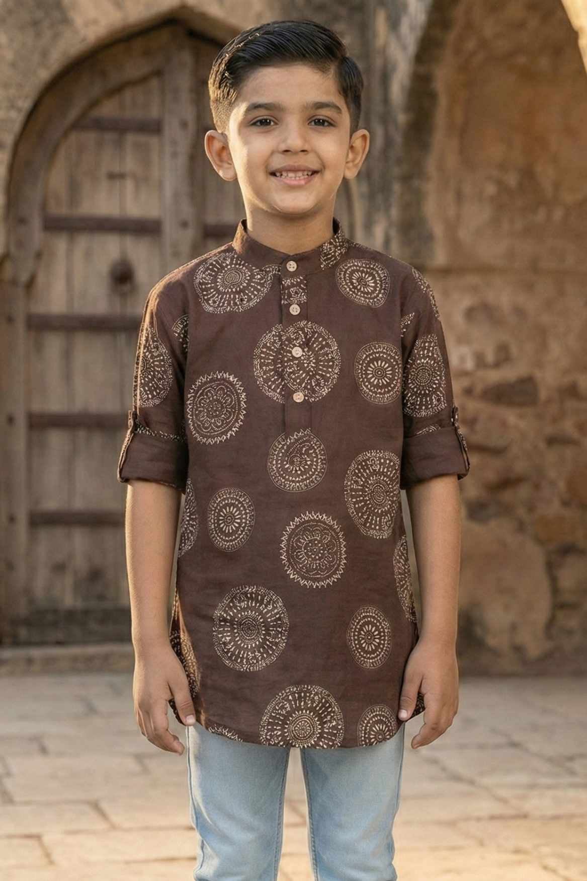 Brown Circular Print Shirt with Mandarin Collar for Boys