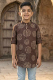 Brown Circular Print Shirt with Mandarin Collar for Boys