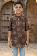 Brown Circular Print Shirt with Mandarin Collar for Boys