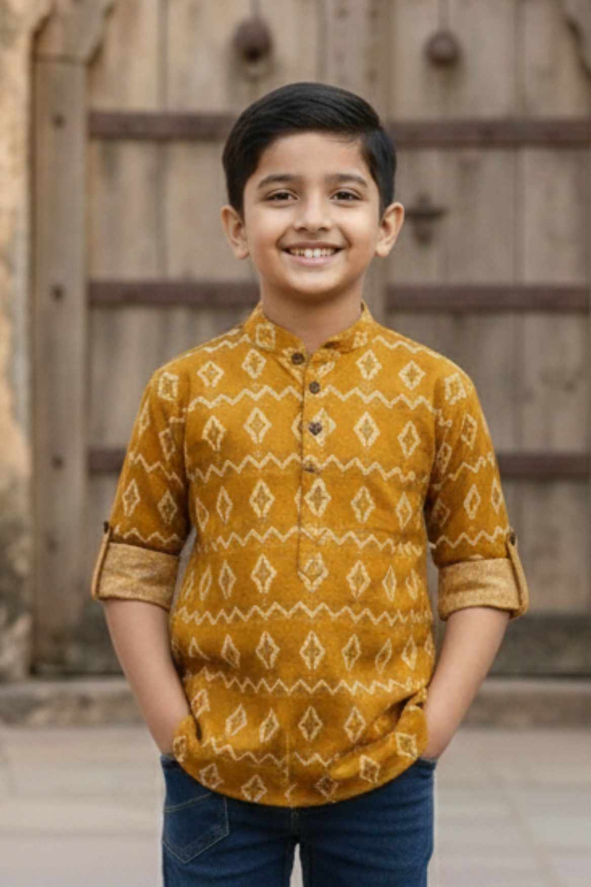 Mustard Printed Shirt with Mandarin Collar for Boys