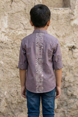 Mauve Cotton Shirt with Tribal Stripe Design for Boys