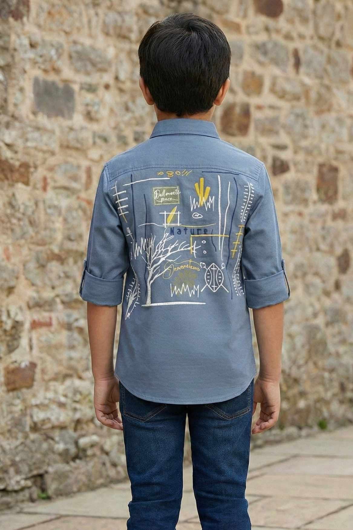 Slate Blue Printed Cotton Shirt with Nature Motif for Boys