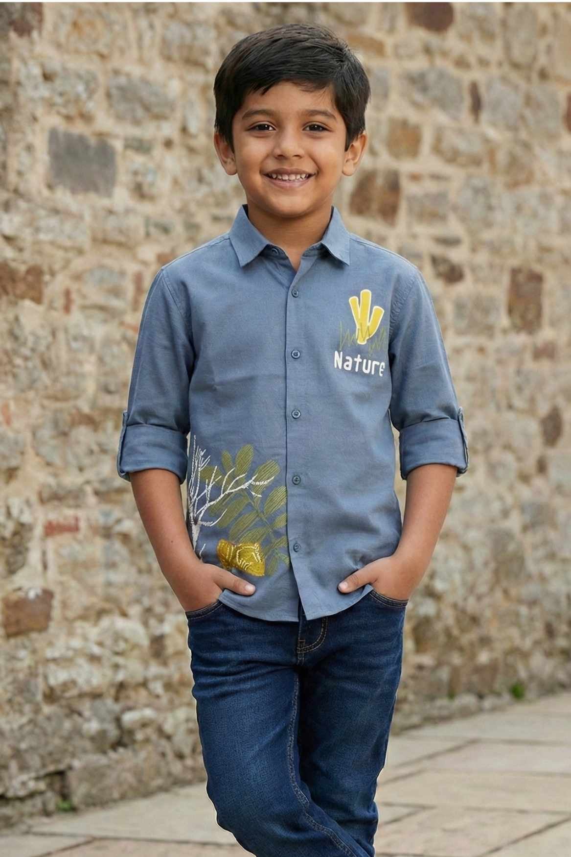 Slate Blue Printed Cotton Shirt with Nature Motif for Boys