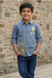 Slate Blue Printed Cotton Shirt with Nature Motif for Boys