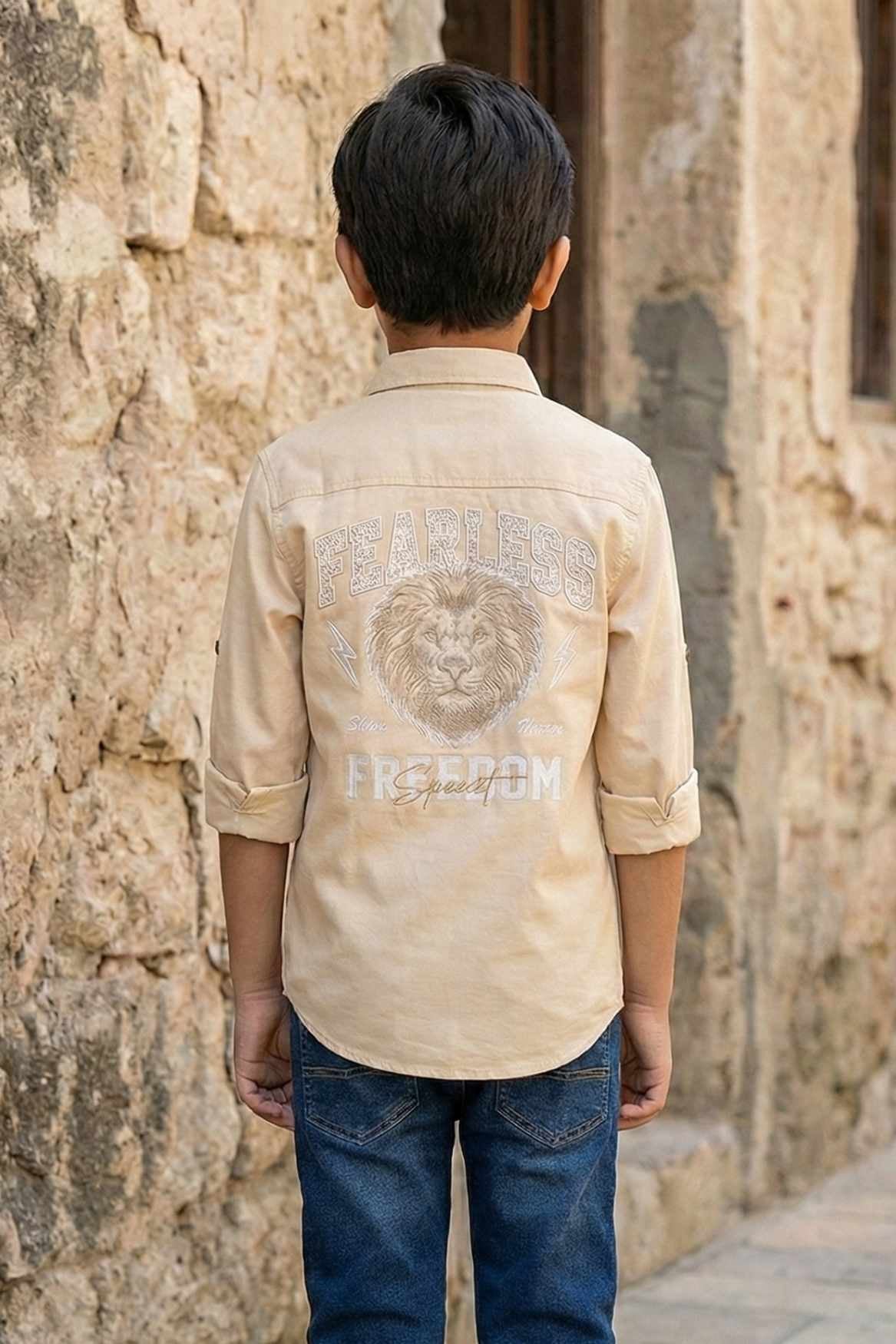 Beige Printed Cotton Shirt for Boys