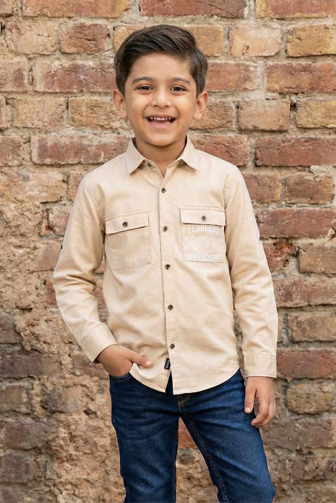 Beige Printed Cotton Shirt for Boys