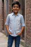 Sky Blue Thread work Shirt with Tribal Stripe Design for Boys