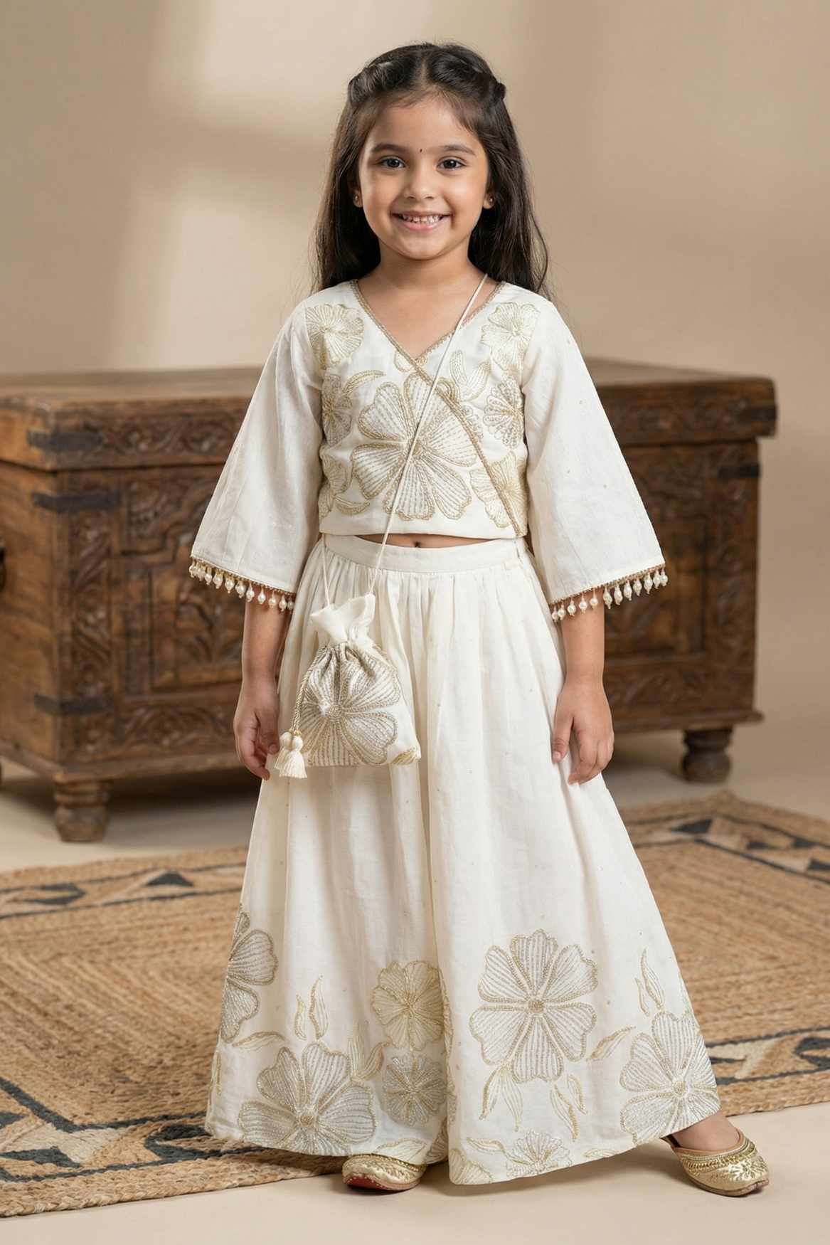 Designer Cream Embroidered Palazzo Set with Potli Bag for Girls