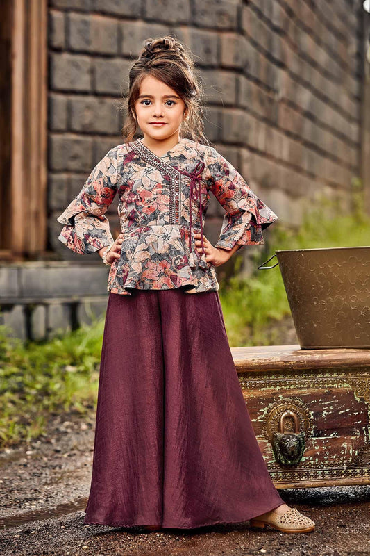 Brown Floral Palazzo Set for Girls - Lagorii Kids
