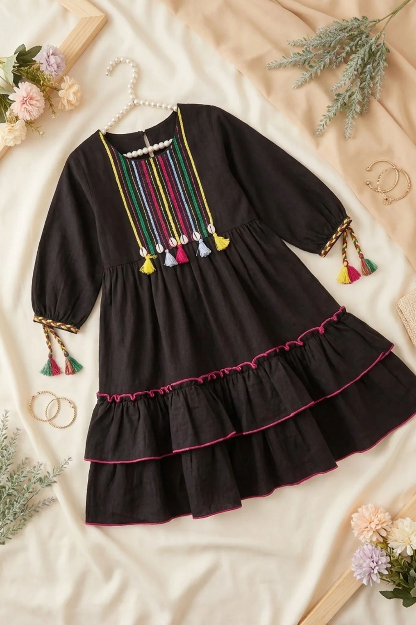 Black Ruffle Tiered Dress with Multicolor Embroidery For Girls