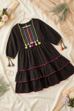 Black Ruffle Tiered Dress with Multicolor Embroidery For Girls