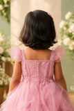 Girls Dusty Pink Floral Embellished Layered Net Party Wear Gown