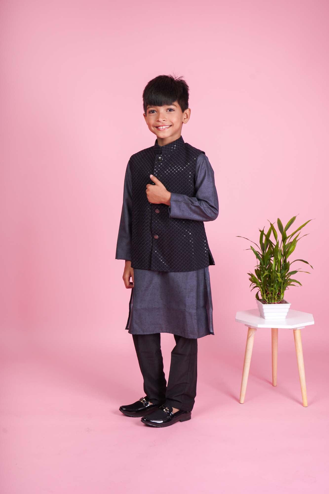 Chic Charcoal Grey Kurta with Black Nehru Coat - Boys' Fashionable Ethnic Wear. - Lagorii Kids