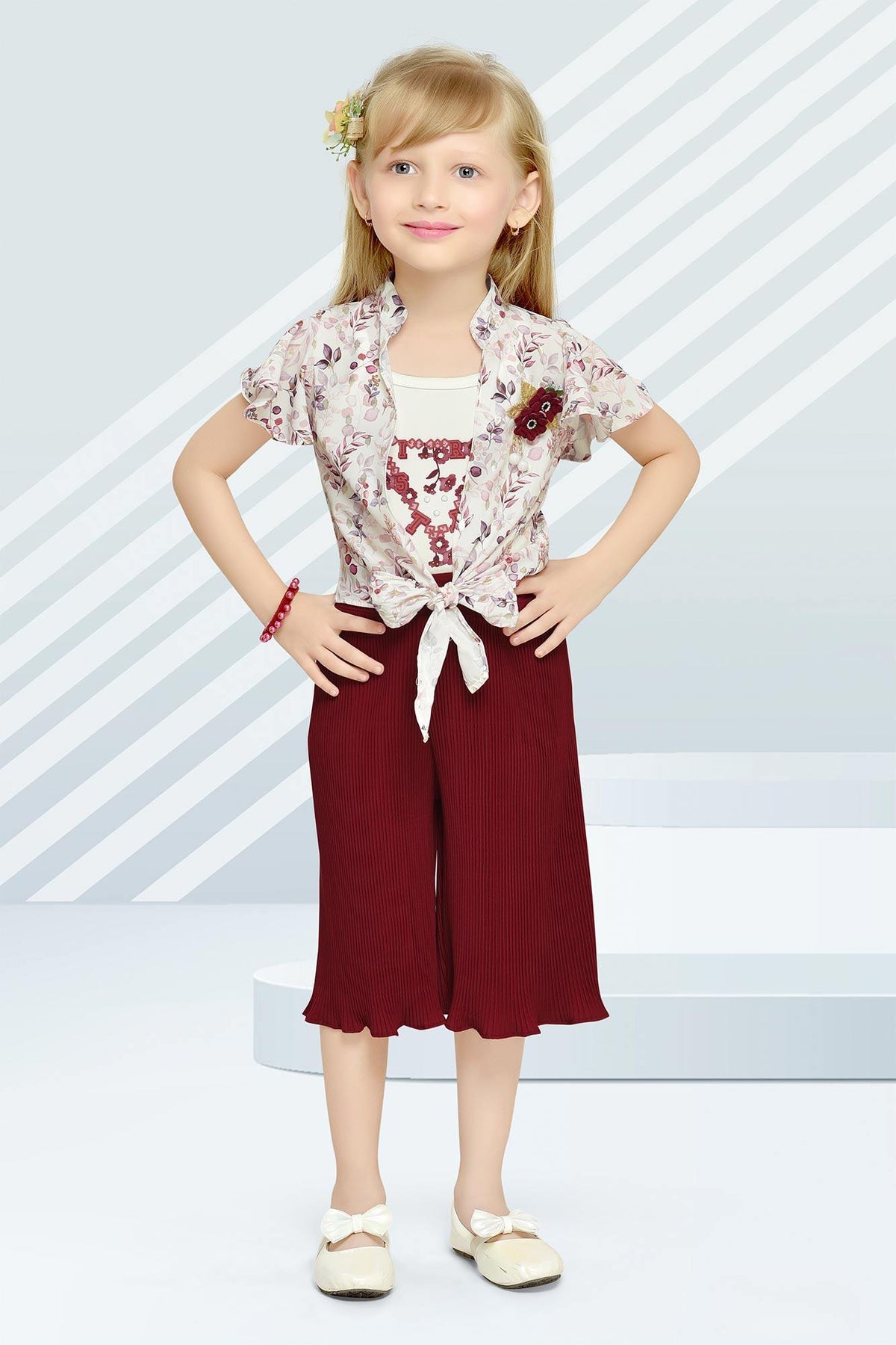 Chic Harmony: White Top and Maroon Pant Ensemble for Girls. - Lagorii Kids