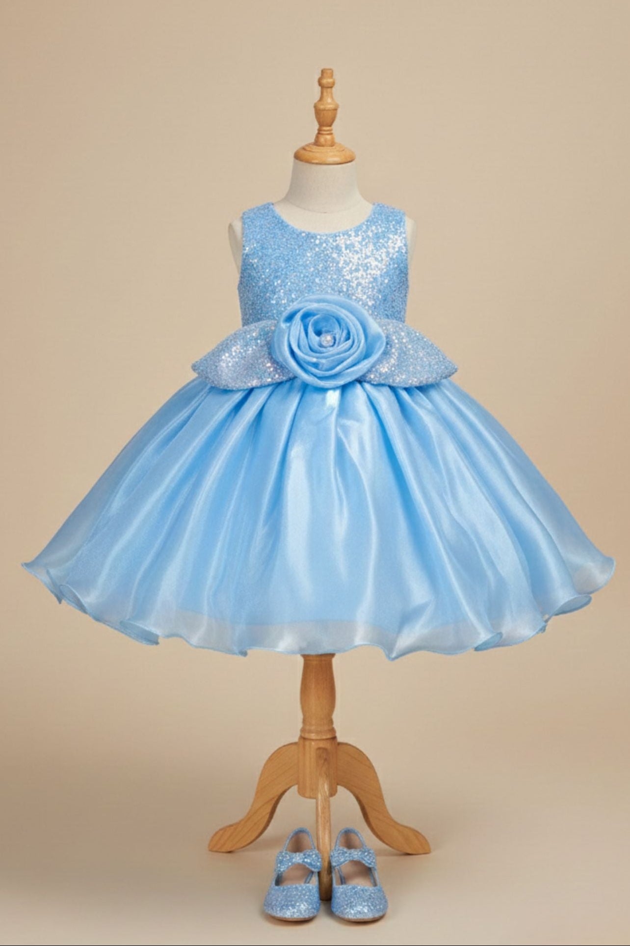 Blue Shimmer Party Wear Frock with 3D Floral Appliqué For Girls