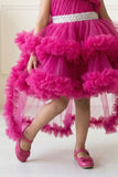 Rani Pink Floral Appliqué Layered High-Low Party Wear Frock For Girls