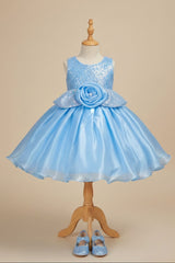 Blue Shimmer Party Wear Frock with 3D Floral Appliqué For Girls