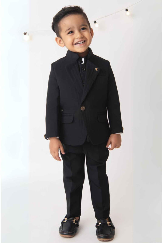 Classic Black Four Pc Suite With White Shirt Embossed Waist Coat Set For Boys - Lagorii Kids