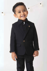 Classic Black Four Pc Suite With White Shirt Embossed Waist Coat Set For Boys - Lagorii Kids