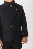 Classic Black Four Pc Suite With White Shirt Embossed Waist Coat Set For Boys - Lagorii Kids