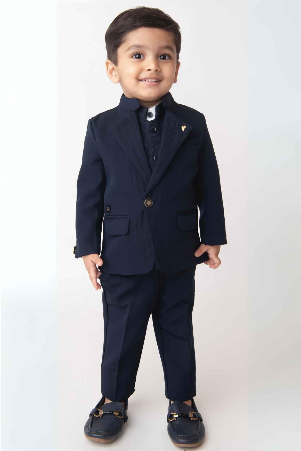 Classic Blue Four Pc Suite With White Shirt Embossed Waist Coat Set For Boys - Lagorii Kids