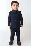 Classic Blue Four Pc Suite With White Shirt Embossed Waist Coat Set For Boys - Lagorii Kids