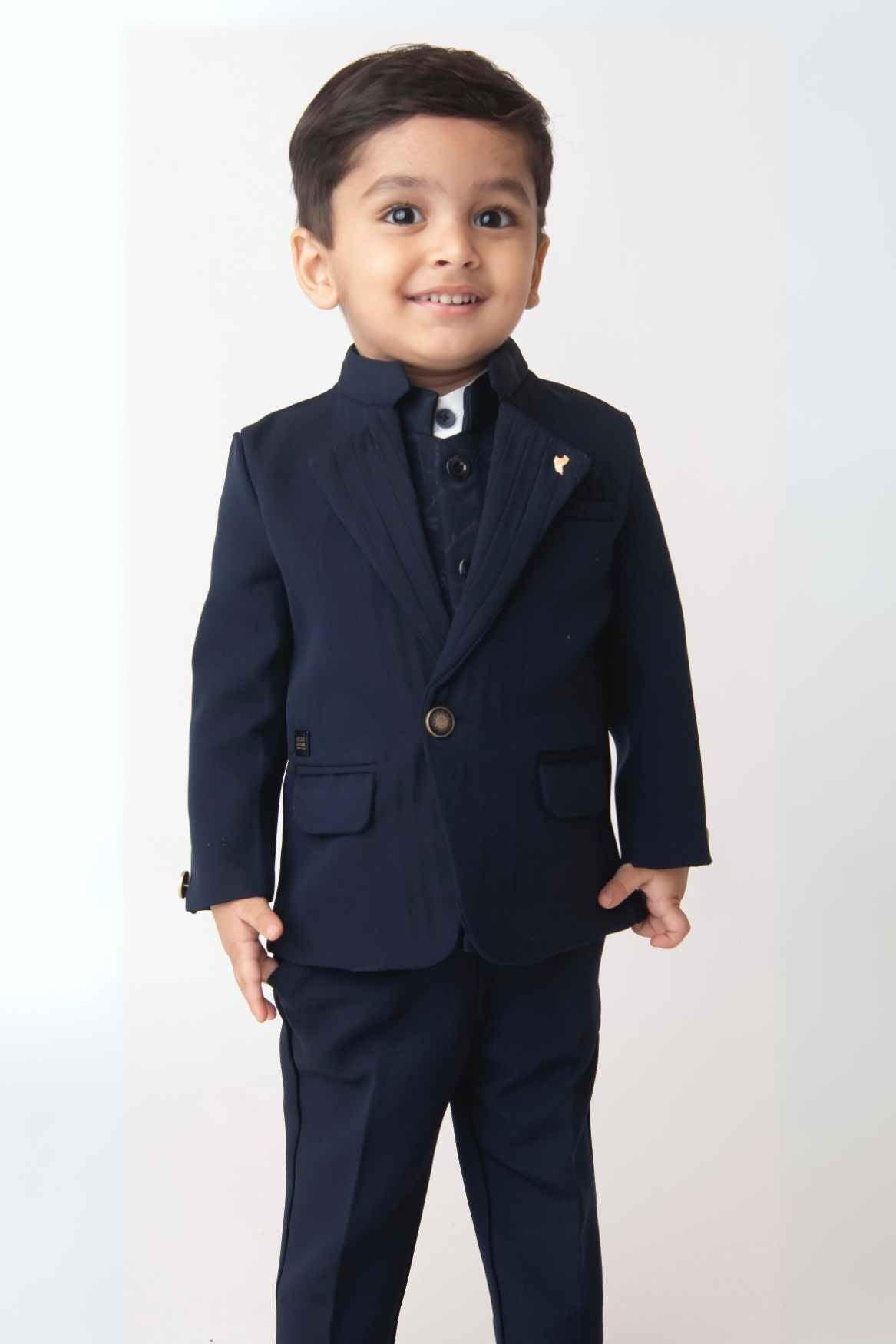 Classic Blue Four Pc Suite With White Shirt Embossed Waist Coat Set For Boys - Lagorii Kids