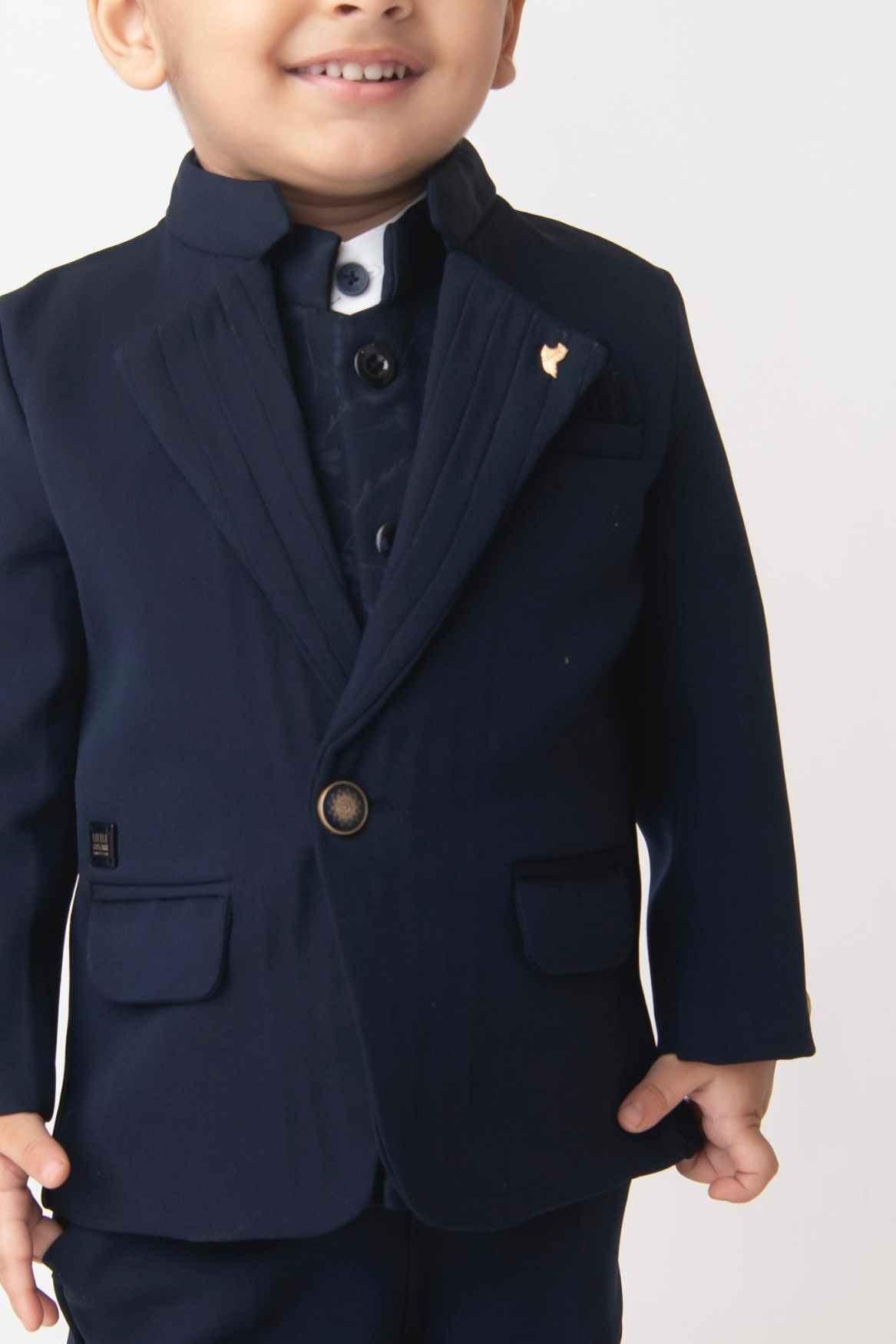 Classic Blue Four Pc Suite With White Shirt Embossed Waist Coat Set For Boys - Lagorii Kids