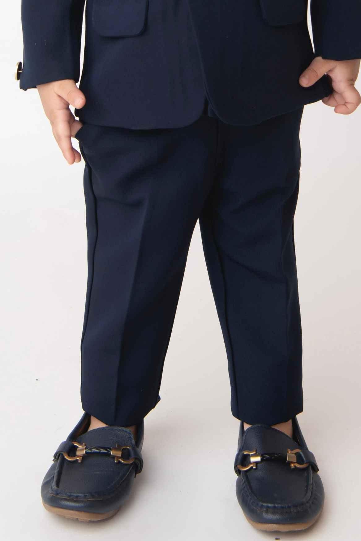 Classic Blue Four Pc Suite With White Shirt Embossed Waist Coat Set For Boys - Lagorii Kids