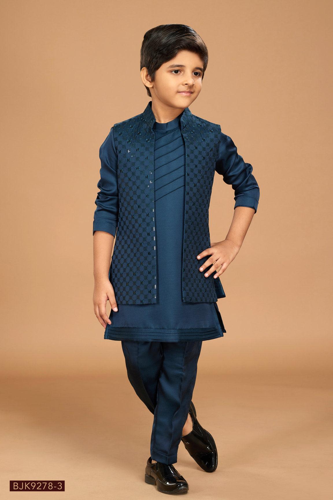 Classic Dark Blue Silk Indo western Bandi Set - Lagorii Kids