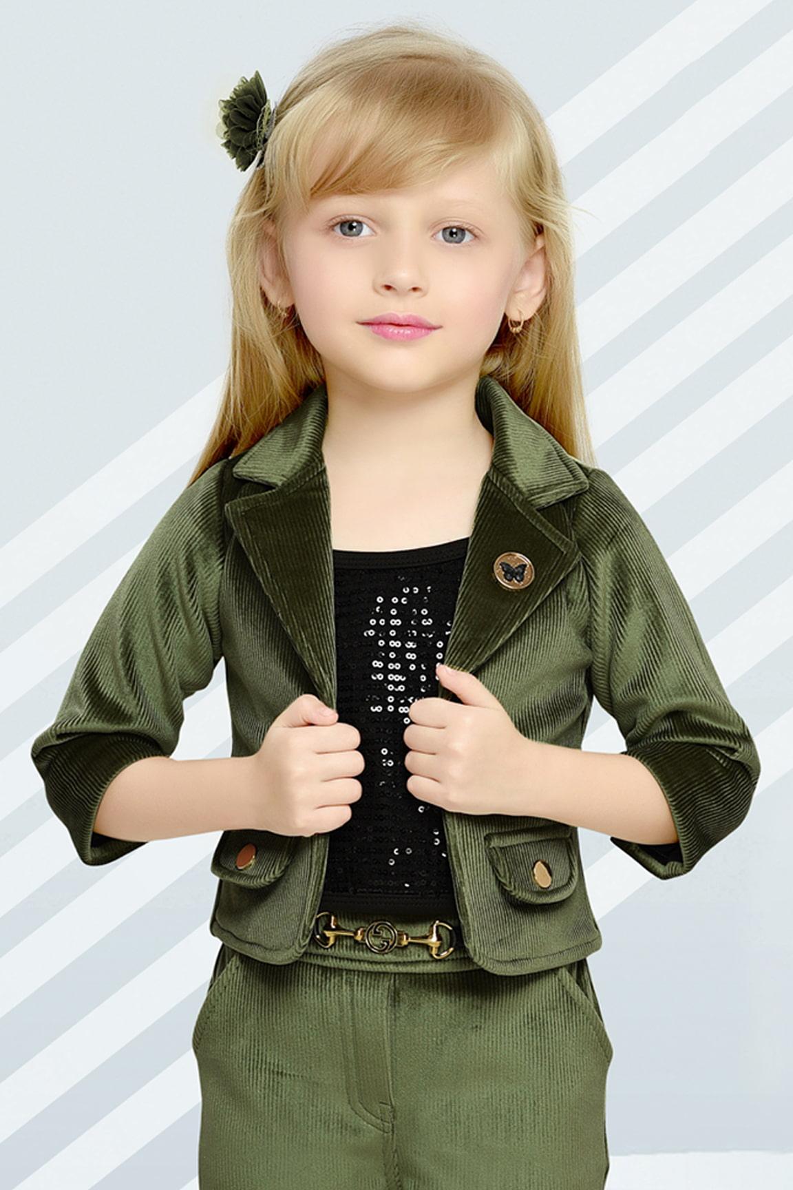 Classic Olive Green Jacket And Pant Set For Girls - Lagorii Kids