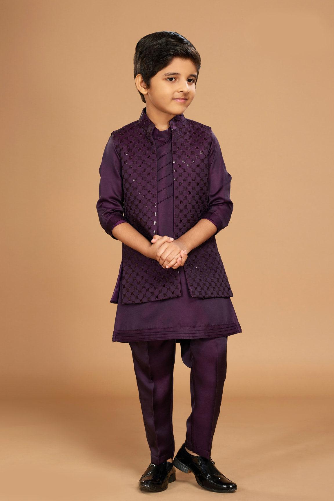 Classic Purple Silk Indo Western Bandi Set - Lagorii Kids