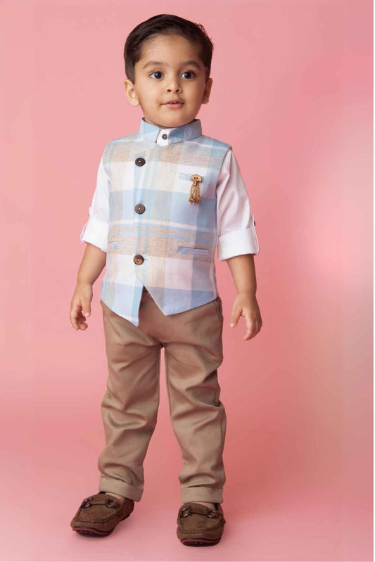 Classic White Shirt With Blue Checked Waist Coat And Brown Pant Set For Boys - Lagorii Kids