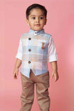 Classic White Shirt With Blue Checked Waist Coat And Brown Pant Set For Boys - Lagorii Kids
