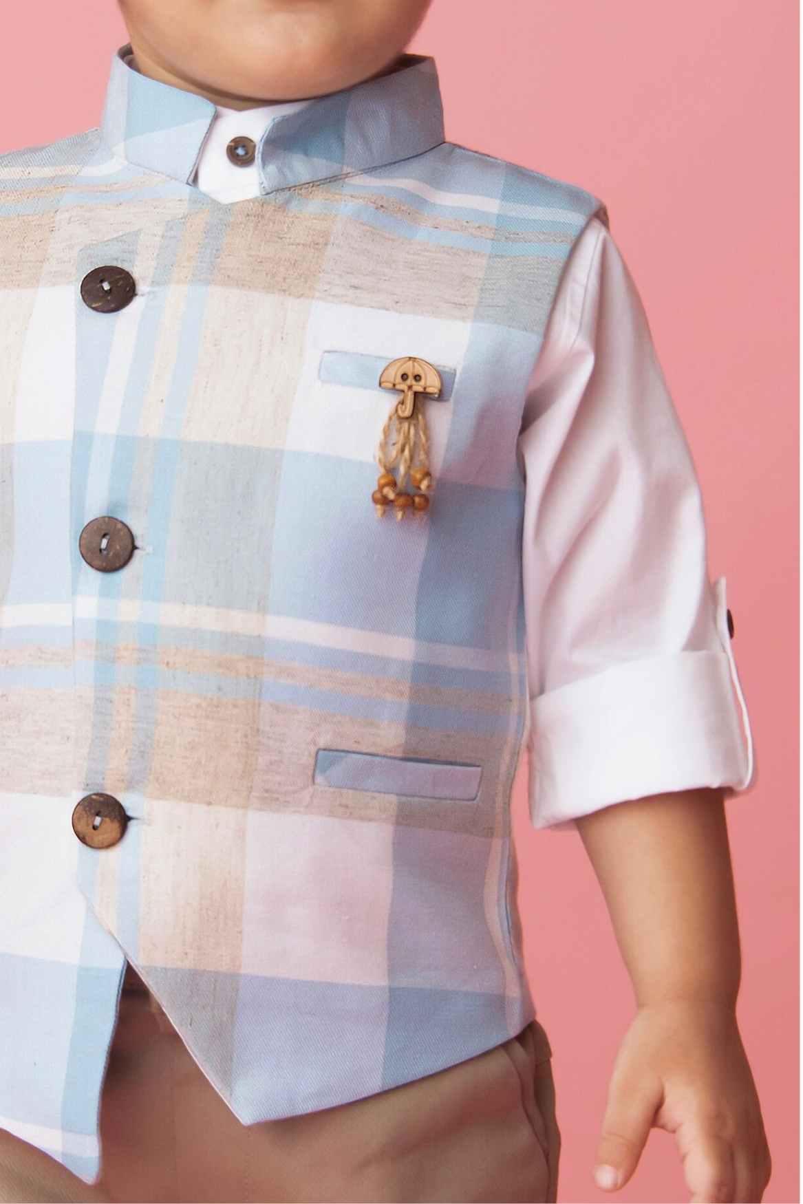 Classic White Shirt With Blue Checked Waist Coat And Brown Pant Set For Boys - Lagorii Kids