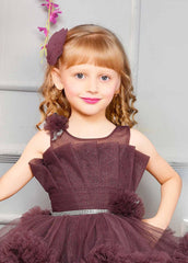 Coffee Net Tailback Frock With Silver Belt For Girls - Lagorii Kids