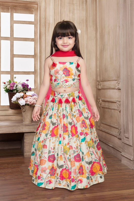 Cream Floral Printed Lehenga Set With Dupatta For Girls - Lagorii Kids
