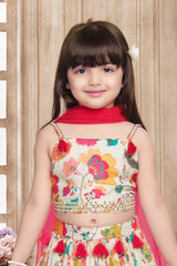 Cream Floral Printed Lehenga Set With Dupatta For Girls - Lagorii Kids