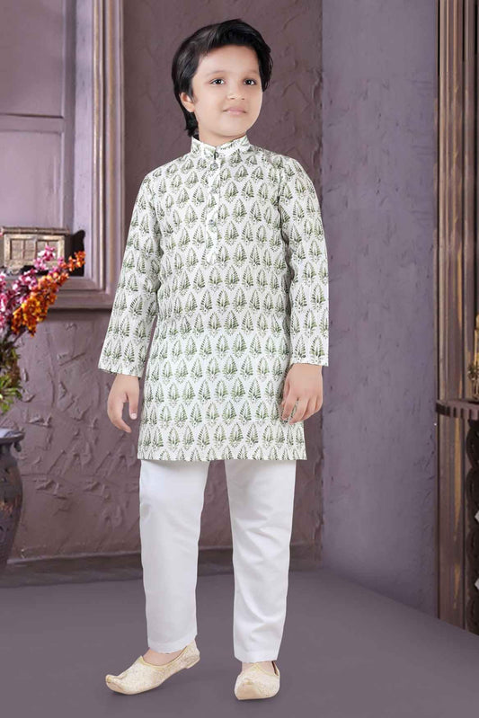 Cream Kurta Set With Floral Block Print And White Pant For Boys - Lagorii Kids