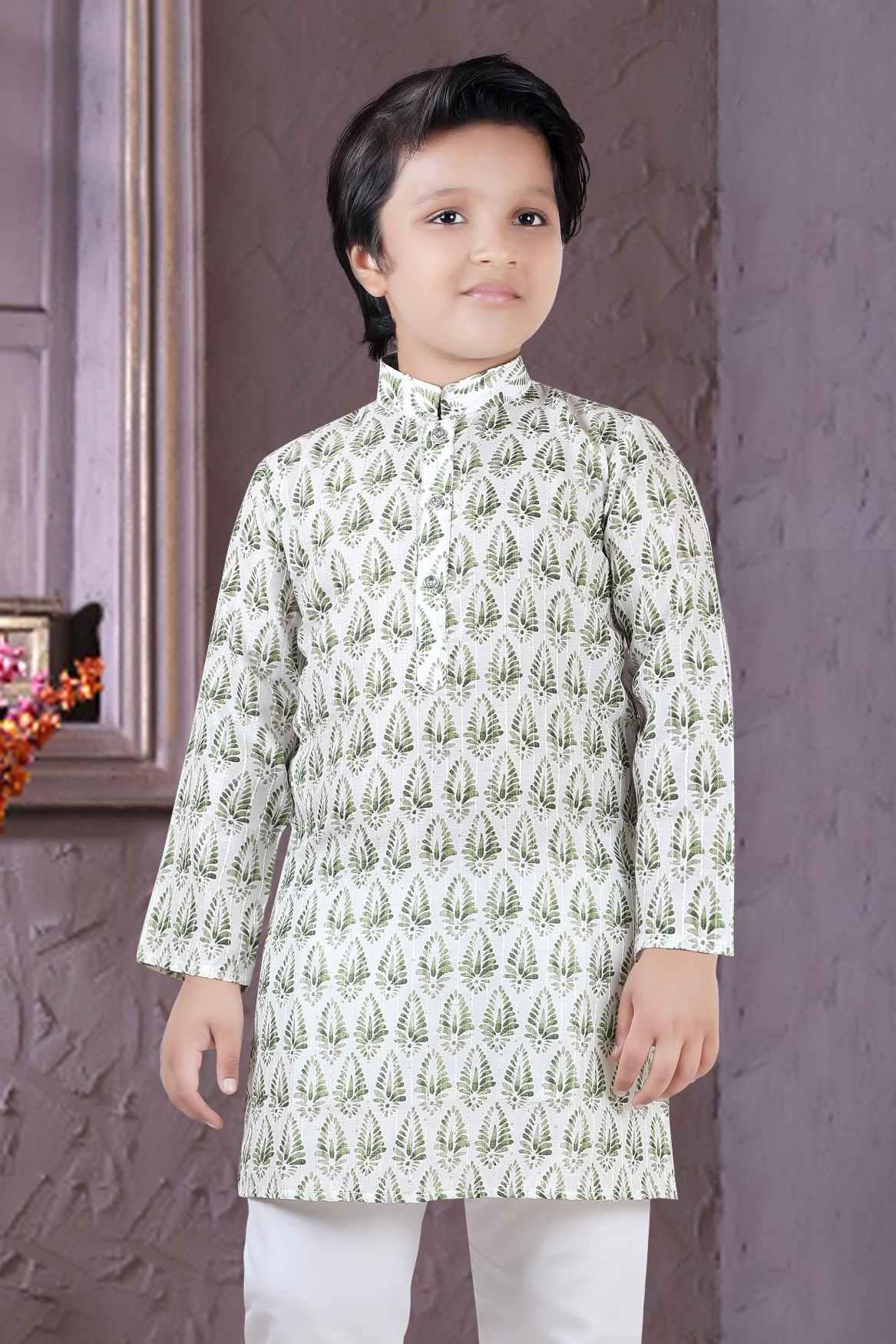 Cream Kurta Set With Floral Block Print And White Pant For Boys - Lagorii Kids