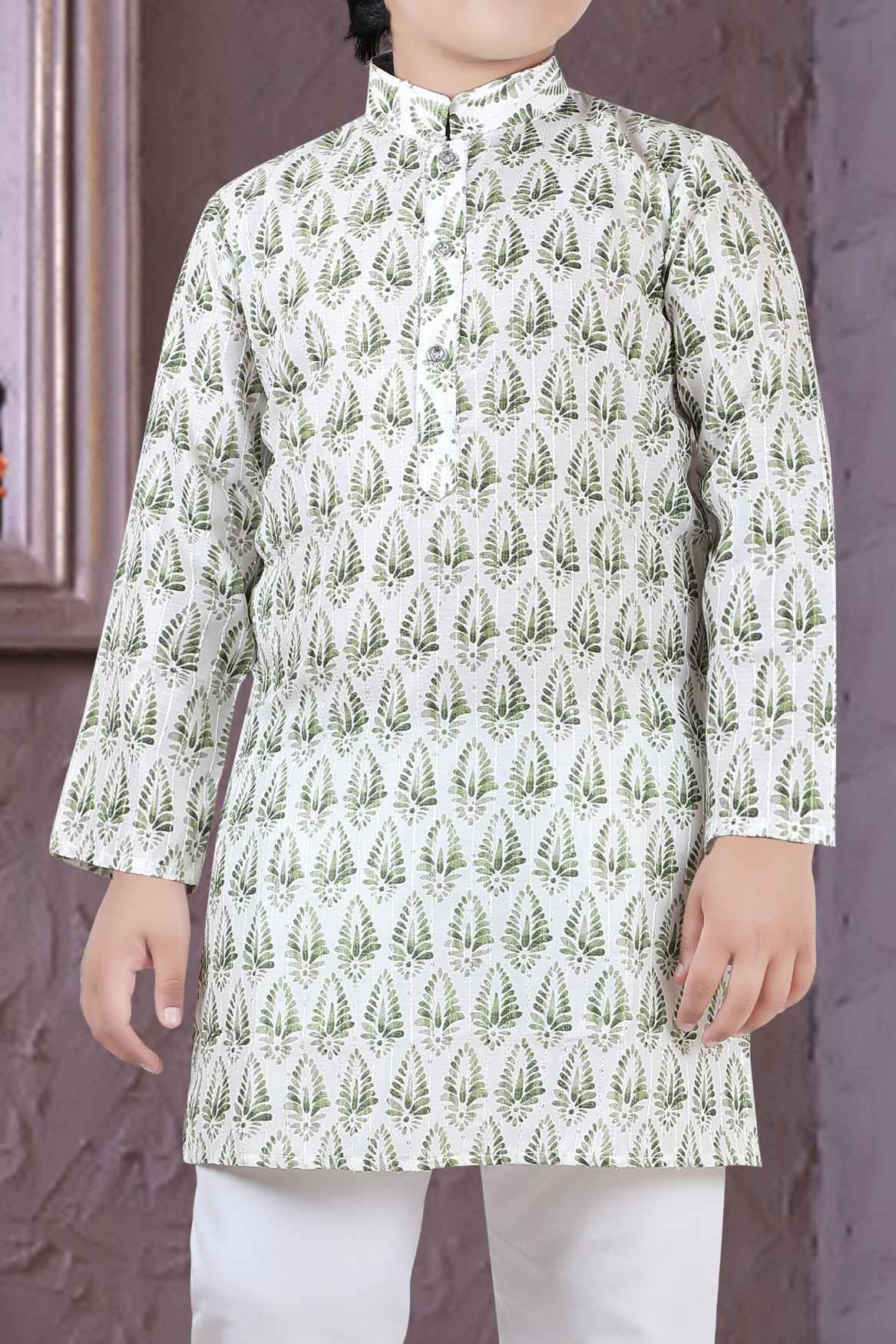 Cream Kurta Set With Floral Block Print And White Pant For Boys - Lagorii Kids