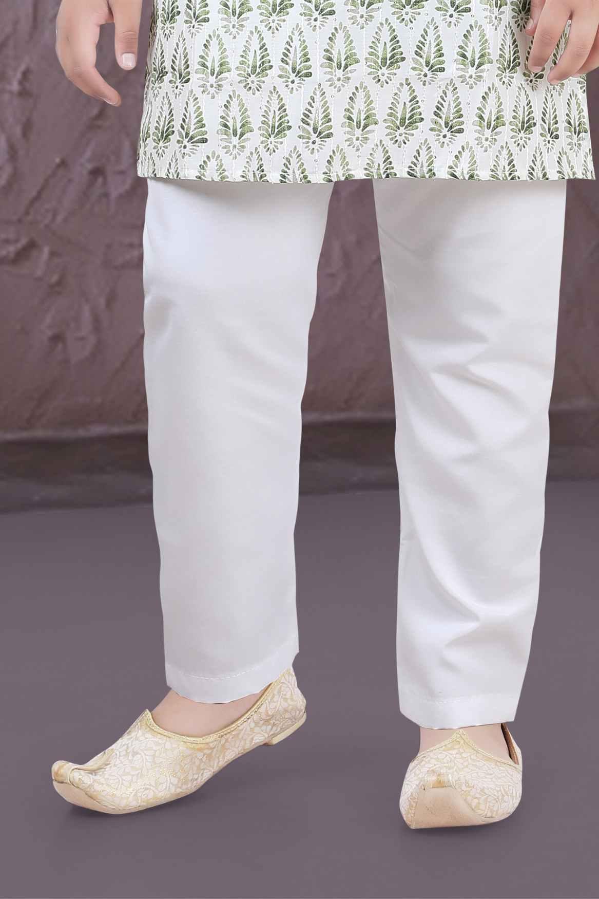Cream Kurta Set With Floral Block Print And White Pant For Boys - Lagorii Kids
