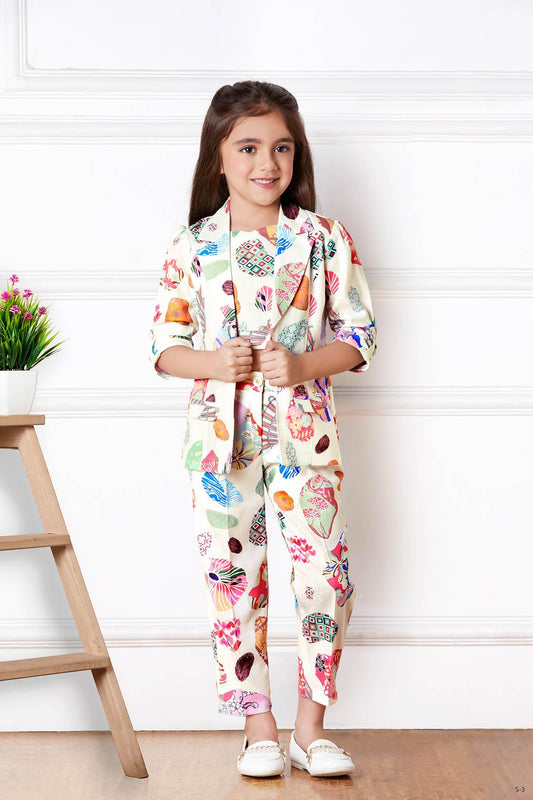 Cream Printed Jacket Style Co Ord Set for Girls - Lagorii Kids