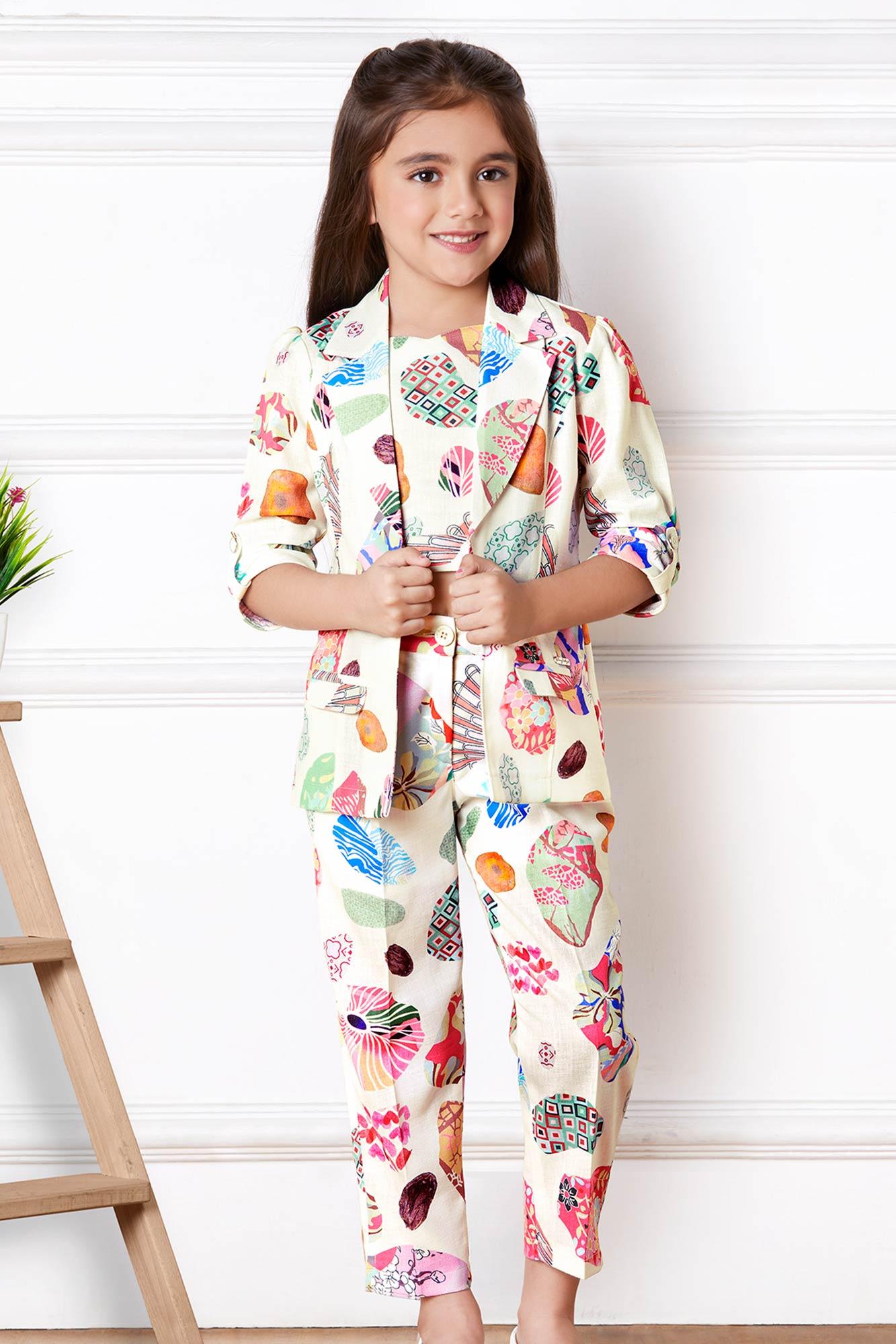 Cream Printed Jacket Style Co Ord Set for Girls - Lagorii Kids