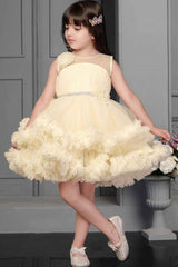 Cream Ruffle Frock With Floral Embellishment For Girls - Lagorii Kids