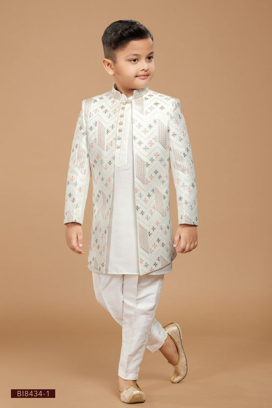 Cream Silk Indowestern Sherwani For Boys - Lagorii Kids