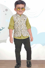 Cream Waist Coat Set With Green Shirt For Boys - Lagorii Kids