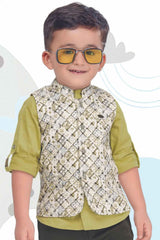 Cream Waist Coat Set With Green Shirt For Boys - Lagorii Kids